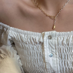 S925 sterling silver two-tone matte necklace with asymmetrical chain and irregular charms