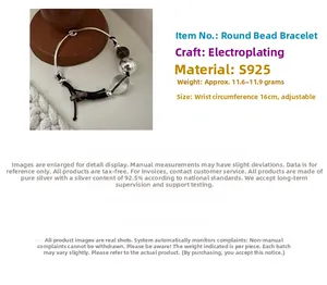 Detail view of S925 sterling silver beaded bracelet with adjustable woven cord