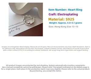 Macro detail of S925 sterling silver heart ring showing polished texture and 5g weight