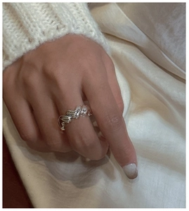 Close-up of polished S925 sterling silver heart-shaped band ring worn on finger