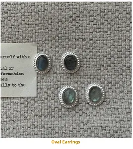 Detailed close-up of S925 silver labradorite stud earrings with rope texture frames