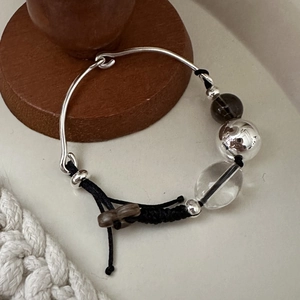 Handmade S925 sterling silver woven bracelet with crystal beads and wooden cross charm