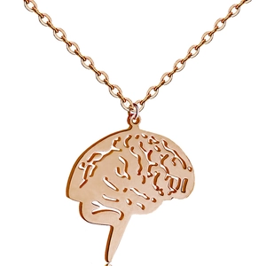Macro view of rose gold brain pendant showing anatomical texture and hollow details