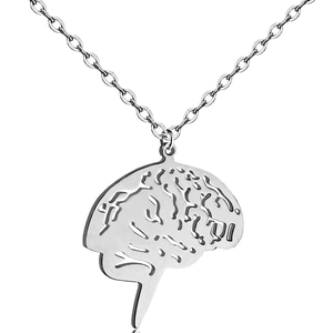 Macro shot of silver brain anatomy pendant necklace with polished stainless steel finish