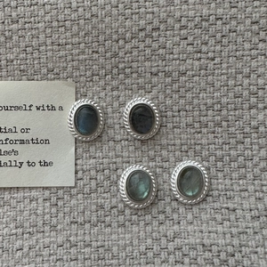 Vintage 925 Sterling Silver Labradorite Stud Earrings Oval Natural Stone Twisted Border Minimalist Jewelry For Women