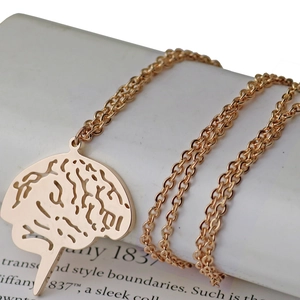Rose gold brain anatomy pendant necklace in polished stainless steel for women