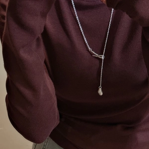 Artistic S925 sterling silver Y-shaped long necklace with abstract figure clasp and drop pendant