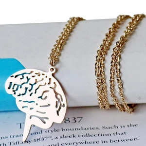 Golden anatomical brain pendant necklace in hollowed design with fine stainless steel chain