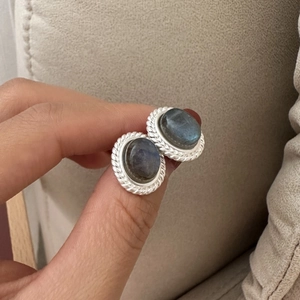 Vintage S925 sterling silver stud earrings with oval labradorite and twisted metal border