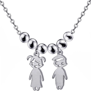 Close-up of polished silver boy and girl charms with beads on a stainless steel chain