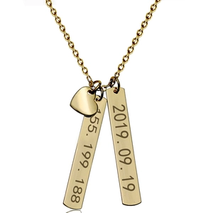 Gold stainless steel bar necklace with personalized heart pendant on white background