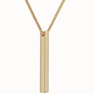Detailed view of mirror-polished gold pillar pendant with delicate metal box chain necklace
