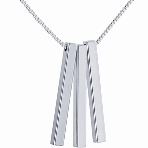 Detail of three minimalist polished steel cylinder pendants on a silver box chain necklace