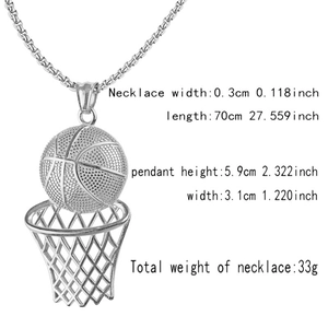 Detailed size specifications of the stainless steel basketball hoop pendant necklace