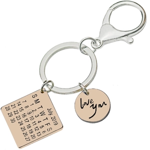 Custom stainless steel calendar keychain with heart on July 9th and Love You charm
