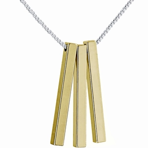 Detail of three polished gold cubic column pendants on a silver box chain necklace