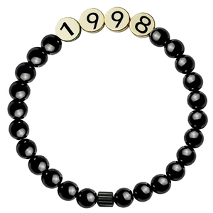 Detail shot of black obsidian beaded bracelet featuring custom 1998 gold year numbers