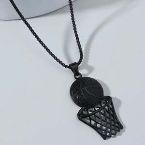 Macro detail of matte black basketball hoop pendant with textured mesh and box chain