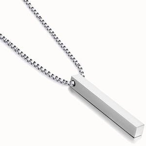 Macro shot of silver square column necklace with high-polished stainless steel pendant