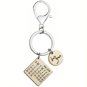 Custom stainless steel calendar keychain with heart and love you engraving for couples