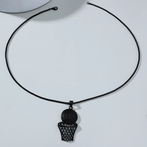 Close-up of matte black basketball hoop pendant necklace with detailed sports texture