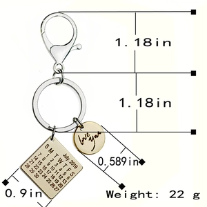 Detailed view of custom stainless steel calendar keychain with size measurements