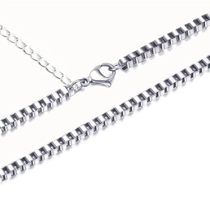 Polished stainless steel 3D bar pendant necklace with Venetian box chain and lobster clasp