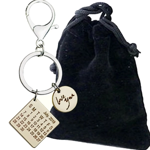 Custom stainless steel calendar keychain with heart charm and velvet pouch