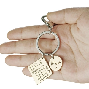 Customized calendar stainless steel keychain with heart engraving for couples anniversary