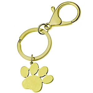 Detailed close-up of a gold-plated paw print keychain with lobster clasp and flat ring