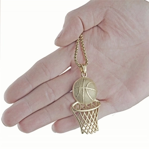 Hip hop style gold basketball and hoop pendant necklace with round box chain