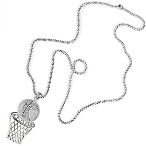 Detailed view of silver basketball hoop pendant on a sturdy box chain necklace