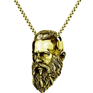 Detail of Viking head pendant in gold finish with stainless steel box chain