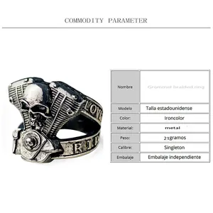 Detail des Retro-Punk Ghost Rider Totenkopf-Motorrings in distressed Eisen-Silber