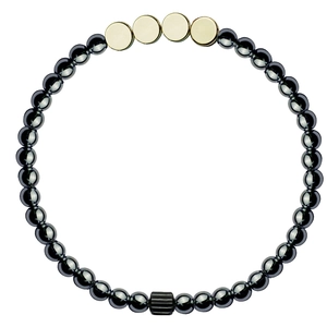 Detail shot of hematite beaded bracelet with golden discs and a striped cylindrical bead