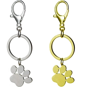 Set of gold and silver stainless steel pet paw print keychains with lobster clasps