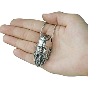 Men's Viking warrior head pendant in vintage stainless steel with metal bead chain