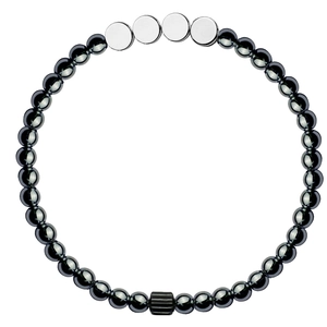 Macro shot of hematite beaded bracelet with metallic luster and silver disc accents