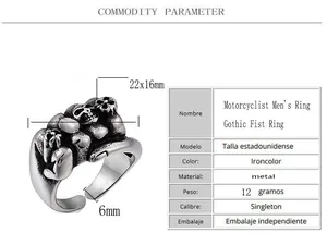 Macro detail of Gothic fist ring showing size 22x16mm and 6mm band width specifications