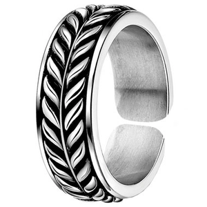 Detailed close-up of adjustable fist ring with engraved leaf patterns and vintage finish
