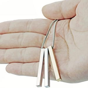 Three-tone cubic pillar pendant necklace in silver, gold and rose gold stainless steel