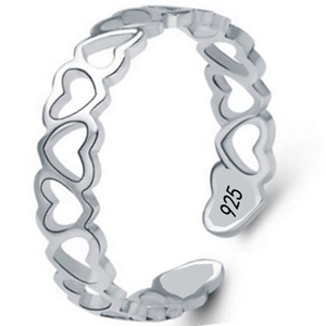 Detailed view of 925 sterling silver hollow heart ring with adjustable open band feature