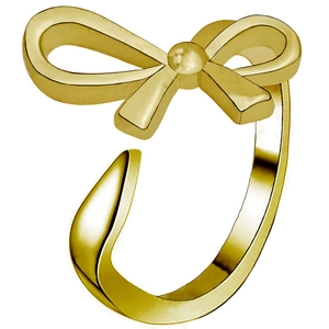 Minimalist golden bow knot open ring with adjustable band shown at a 45-degree angle