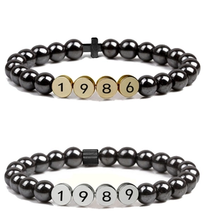 Handmade Personalized Date Birth Year Hematite Beaded Bracelet Magnetic Stone Jewelry With Cross For Men Women