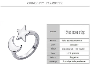 Macro detail of adjustable star and moon ring in iron color with size and weight specs