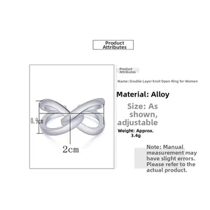 Detail view of double-layer knotted open ring with dimensions 0.9cm height and 2cm width
