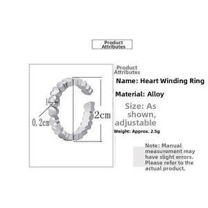 Schéma technique détaillé montrant les dimensions de la bague coeur réglable en argent