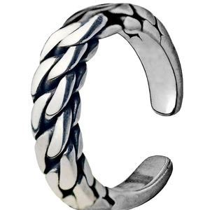 Detailed macro view of retro geometric open ring with textured wheat pattern and matte finish