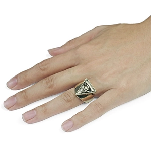 Vintage gold Eye of Providence triangle ring for men in punk style with adjustable band