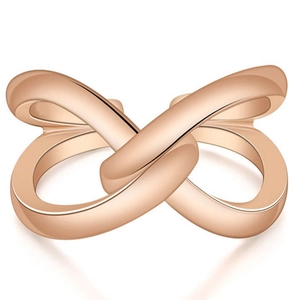 Elegant geometric rose gold cross open ring with polished finish on white background